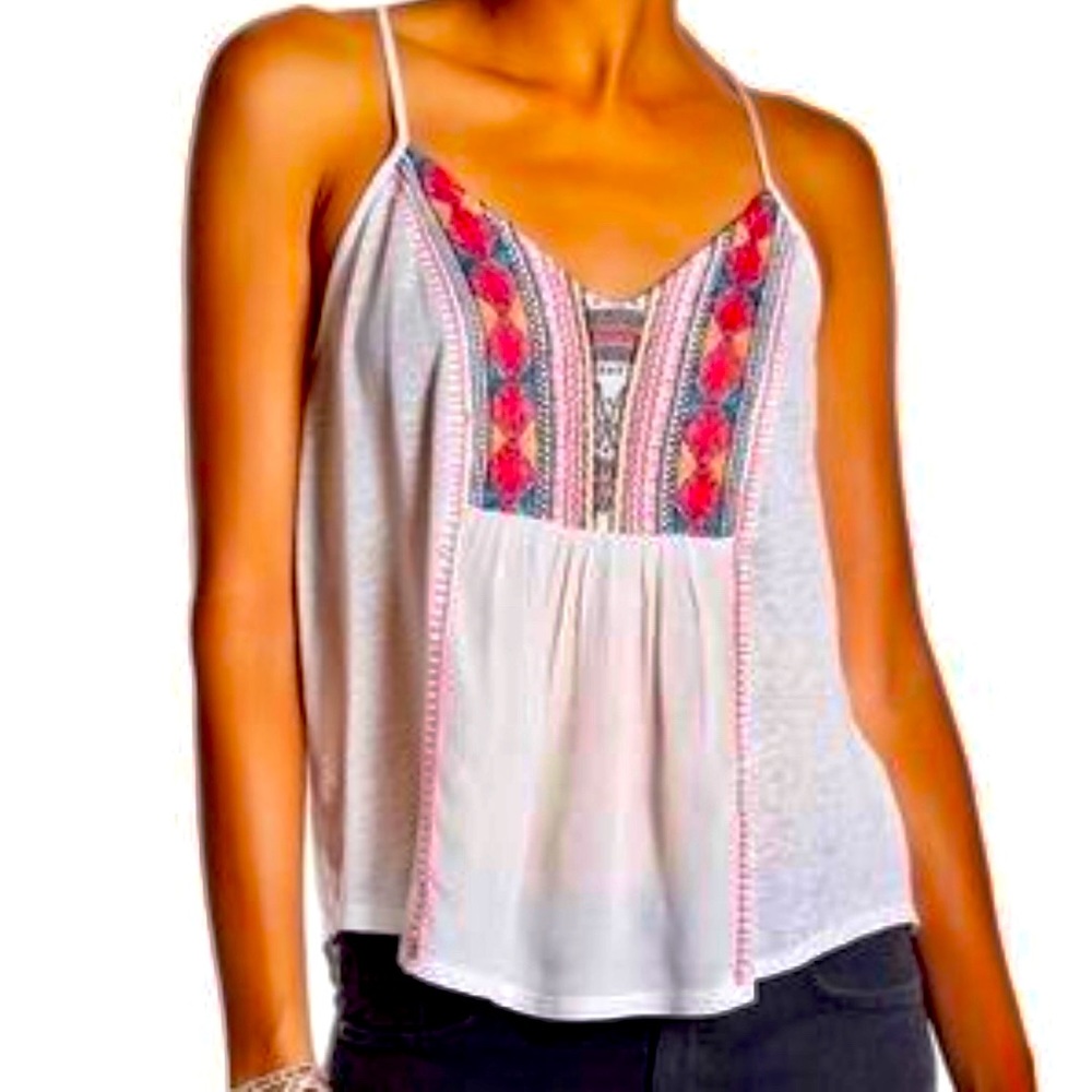 LUCKY 🍀 BRAND Boho Embroidered Tie Back Tassel Flowy Tank Top